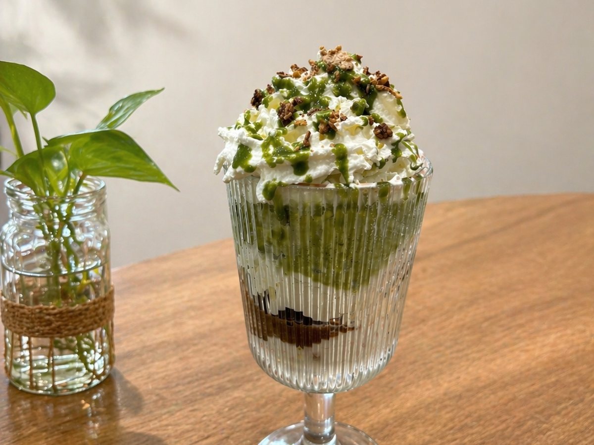 Dessert matcha servi à table